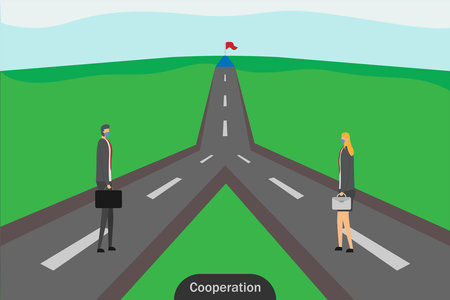 Businessman and businesswoman walking on the road toward flag. Business cooperation vector conceptのイラスト素材