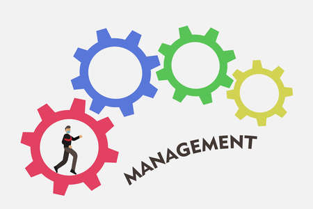 Businessman in face mask running in the cogwheel. Business Management vector concept