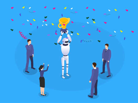 Winning robot celebration isometric 3d vector concept for banner, website, illustration, landing page, flyer, etc.のイラスト素材