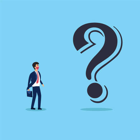 Confusion of business vector concept: Young businessman looking at big question mark while wearing face maskのイラスト素材