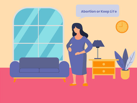 Abortion vector concept: Confused pregnant woman choosing to abortion or keep lifeのイラスト素材