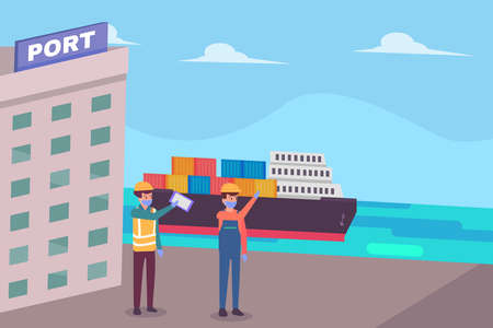 Worker wearing face mask and waving hands while departure a container ship at the portのイラスト素材