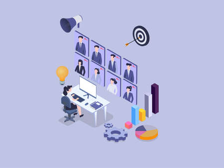 Working from home vector concept: Businesswoman having online business meeting with her partner on virtual screenのイラスト素材