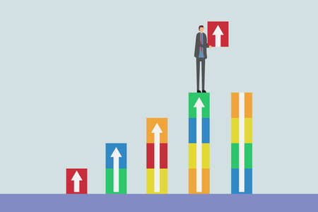 Ladder career path for business growth success process concept. Businessman arranging cube and stacking as step stair with arrow upのイラスト素材