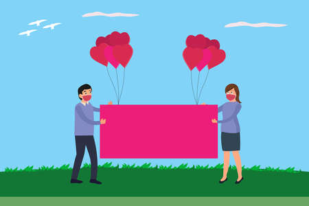 Valentines day vector concept. Couple wearing face mask and holding red empty banner with balloon...