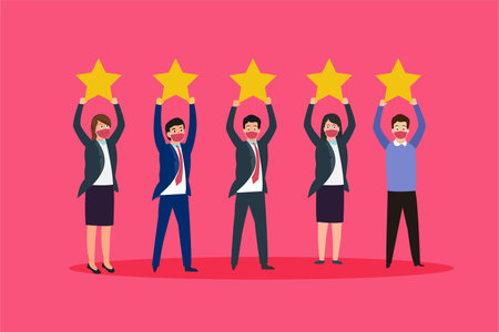 Customer feedback and review vector concept: Group of business people giving five stars rating review while wearing face maskのイラスト素材