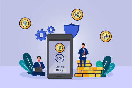 Bitcoins mining 2D flat vector concept for banner, website, illustration, landing page, flyer, etc.のイラスト素材