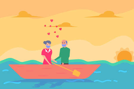 Happy senior couple in face mask riding boat together with heart shape symbol. Valentine day vector conceptのイラスト素材