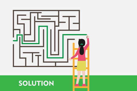 Woman drawing a path to exit from a maze. Business solution concept.のイラスト素材