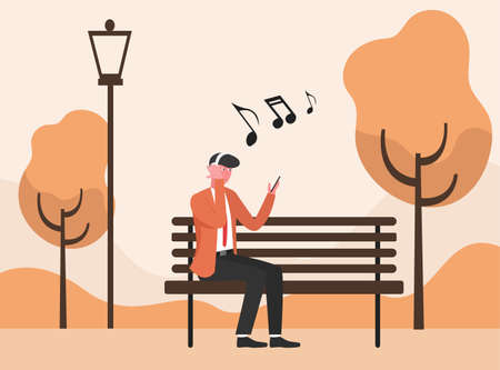 Businessman listens to music at park 2D flat vector concept for banner, website, illustration, landing page, flyer, etc.のイラスト素材