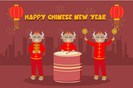 Cow in cheongsam clothes celebrating Chinese New Year while playing a drum, fireworks, and holding goldのイラスト素材