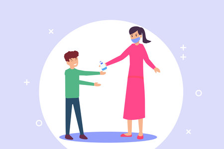 Woman in face mask applying hand sanitizer on little boy hands to prevent outbreakのイラスト素材