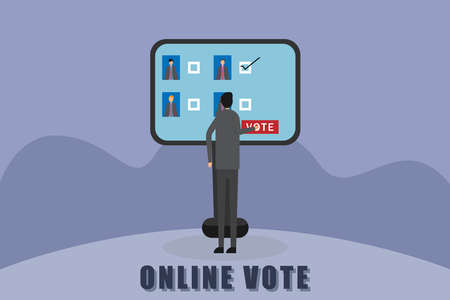 Online vote vector concept. Businessman choosing the candidate and pressing vote button on the computer screenのイラスト素材