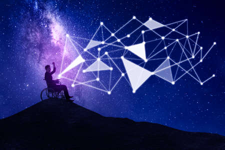 Disabled businessman using a smartphone while sitting on the hill with connection network symbol and...