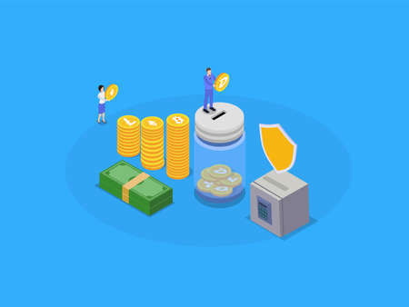 Savings on cryptocurrency isometric vector concept for banner, website, illustration, landing page, flyer, etcのイラスト素材