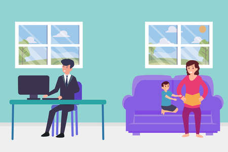 Businessman working at home with computer while his wife and son reading book at homeのイラスト素材