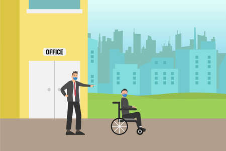 Bullying vector concept: Disabled man is fired by his boss in the office while sitting on the wheelchairのイラスト素材