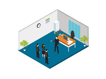 Angry businessman scolding his employee while wearing face mask in the office. Business isometric vector conceptのイラスト素材