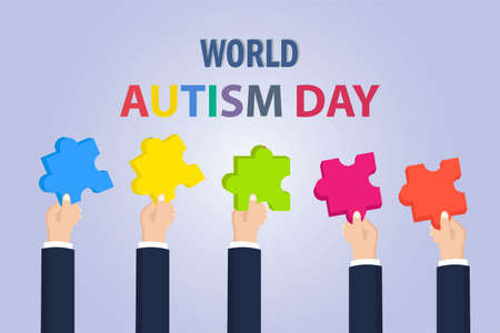Autism vector concept: Hands of people hold colorful puzzle with world autism day textのイラスト素材