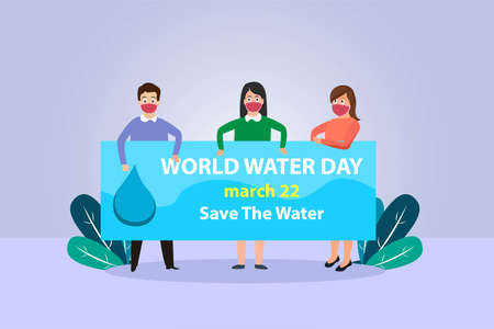 Water day vector concept: Group of young people showing world water day text while wearing face mask in new normalのイラスト素材