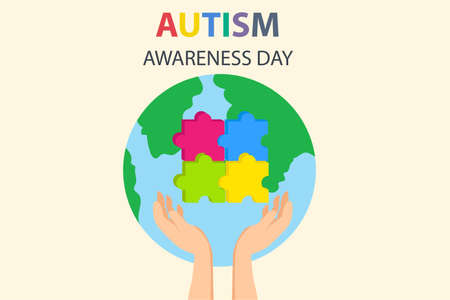 Autism vector concept: Vector illustration of autism awareness day with puzzle and globeのイラスト素材