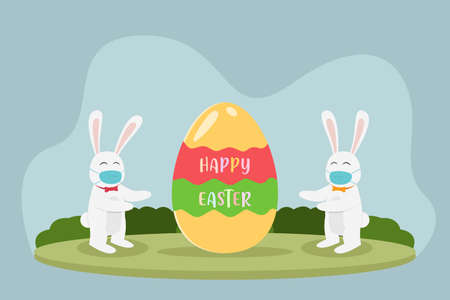 Easter day vector concept: Two rabbits showing happy easter text on the egg while wearing face mask...