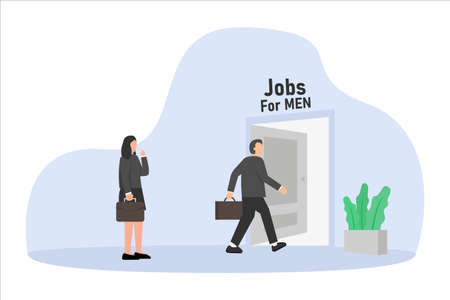 Job vacancy vector concept: Young man entering interview room while young woman standing outsideのイラスト素材