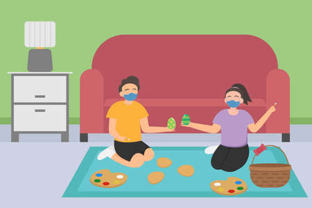 Easter day vector concept: Young man and woman coloring easter egg together while wearing face mask in new normalのイラスト素材