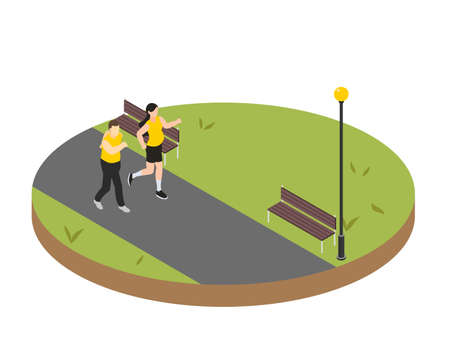 Overweight couple jogging together to loss weight at the park. Isometric vector conceptのイラスト素材