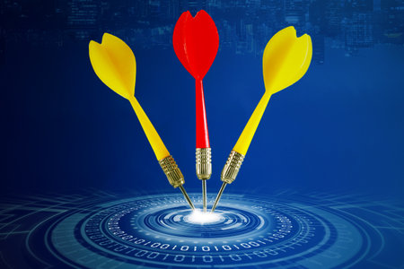 Close up of three darts on center of virtual screen of dartboard with cyberspace background