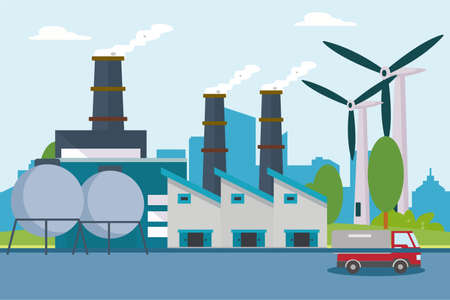 Renewable energy vector concept. Biomass energy and windmill giving energy resource to the modern cityのイラスト素材