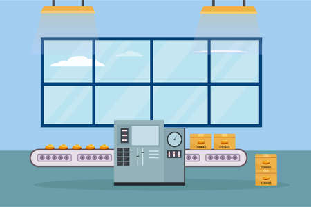 Factory vector concept: Factory conveyer packing cookies on the cardboard while using automated machineのイラスト素材