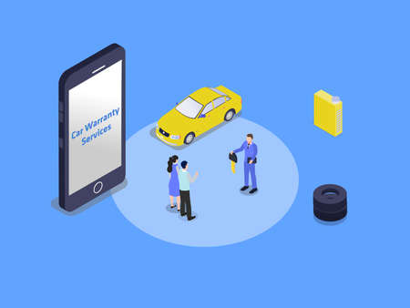 Car warranty vector concepts: Car dealer giving a car key to his customer with car warranty serviceのイラスト素材