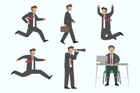 Businessman working poses vector concept: Set of businessman characters working poses while wearing face maskのイラスト素材