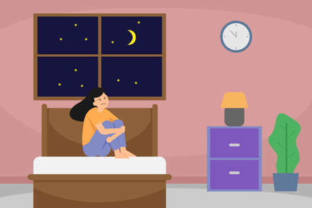 Sleep disorder vector concept: Depressed woman awake in the night, she is exhausted and suffering from insomniaのイラスト素材