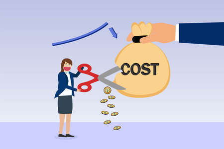Reduce cost vector concept: Businesswoman cutting cost with scissor while wearing face maskのイラスト素材