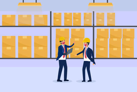 Logistic vector concept: Two businessman controlling storage warehouse while wearing safety helmet