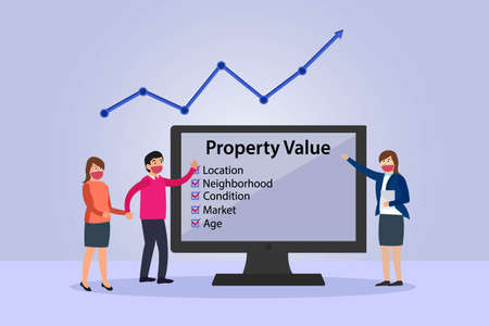 Property value vector concept: Businesswoman explaining property value to young couple while wearing face mask in new normalのイラスト素材