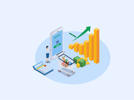 Online shopping increasing food prices isometric 3d vector concept for banner, website, illustration, landing page, flyer, etc.のイラスト素材