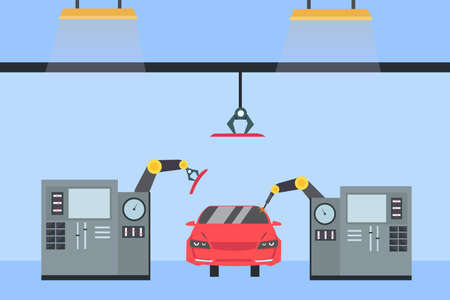 Factory vector concept: Assembly machine in car factoryのイラスト素材