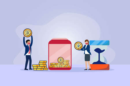 Cryptocurrency investment vector concept. Two business people wearing face mask while saving cryptocurrency coins into a jar near hourglassのイラスト素材
