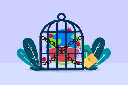 Lock down vector concept:  A globe wearing face mask inside a cage, concept of lock down