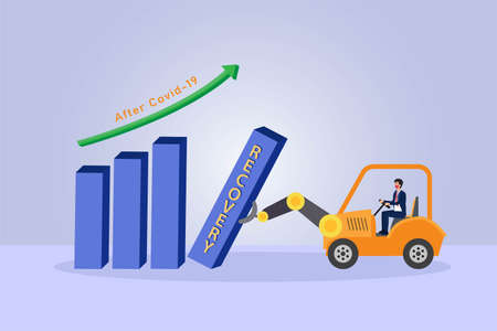 Business recovery vector concept: Young man driving a forklift to recover chart after covid 19 while wearing face maskのイラスト素材