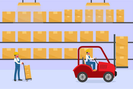 Logistic vector concept: Male worker driving forklift in the storage warehouse while his friends pulling the cardboardのイラスト素材