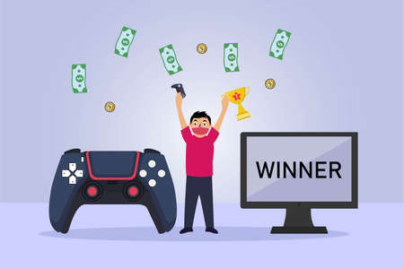Online game vector concept: Young boy winning online game and getting money while wearing face mask in new normalのイラスト素材