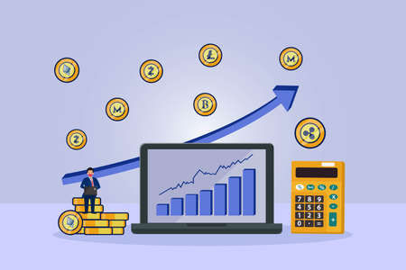 Cryptocurrency vector concept. Businessman wearing face mask while working with growth cryptocurrency graph on laptop for data analysisのイラスト素材