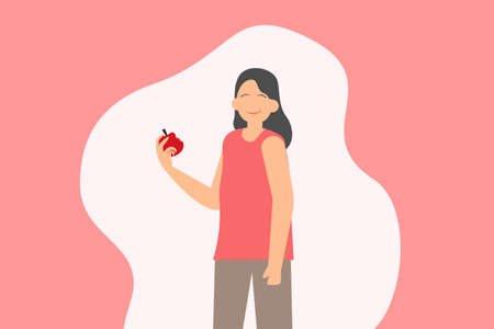 Healthy lifestyle vector concept: Woman eating a red while standing and smilingのイラスト素材