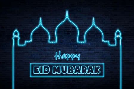 Image of mosque symbol with Happy Eid Mubarak text in brick wall backgroundの写真素材