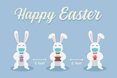 Easter day vector concept: Three rabbits wearing face mask and holding easter egg while keeping...