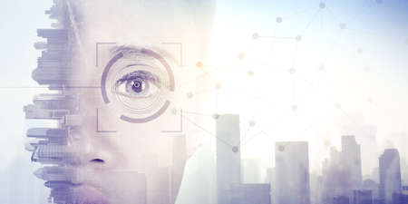 Double exposure of futuristic woman eye with connection network in cityscape background